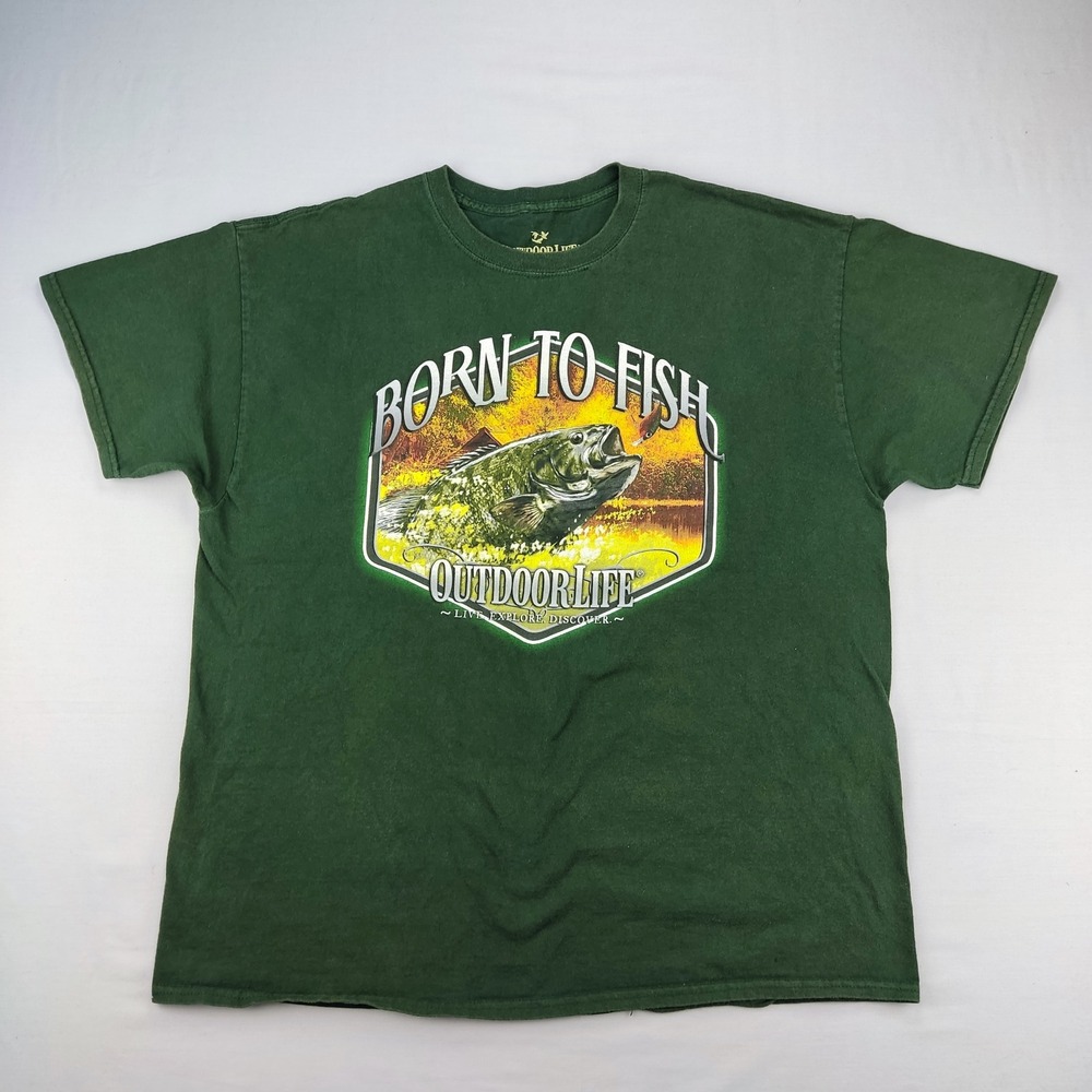 Outdoor Life T-Shirt Mens XL Green Born To Fish Bass Graphic Short Sleeve Tee